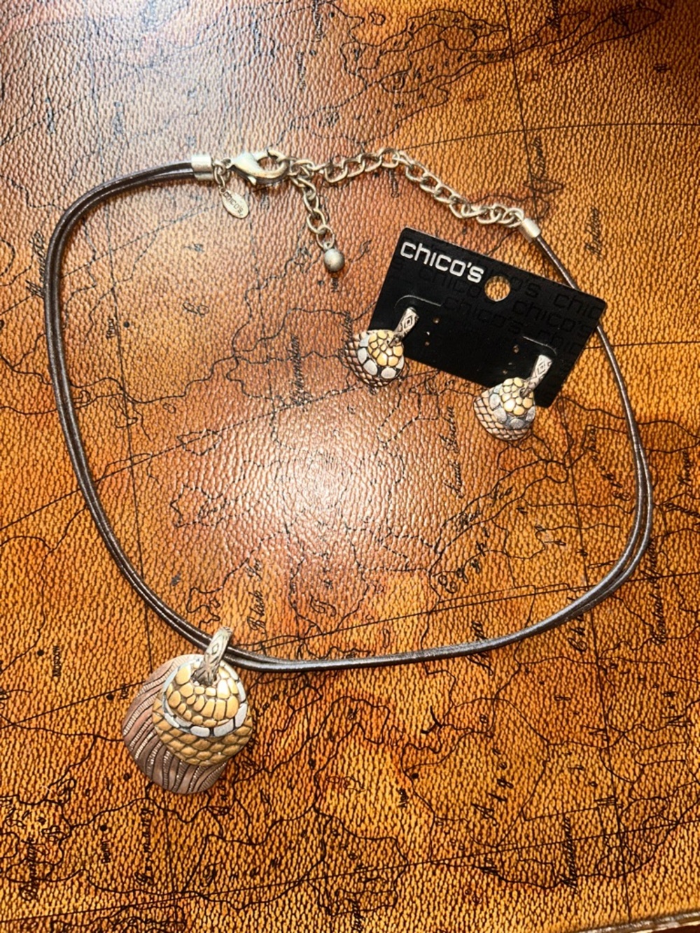 Chico's Metal Pendant Corded Necklace & Earring Set Copper/Brass/Silver - Picture 2 of 9